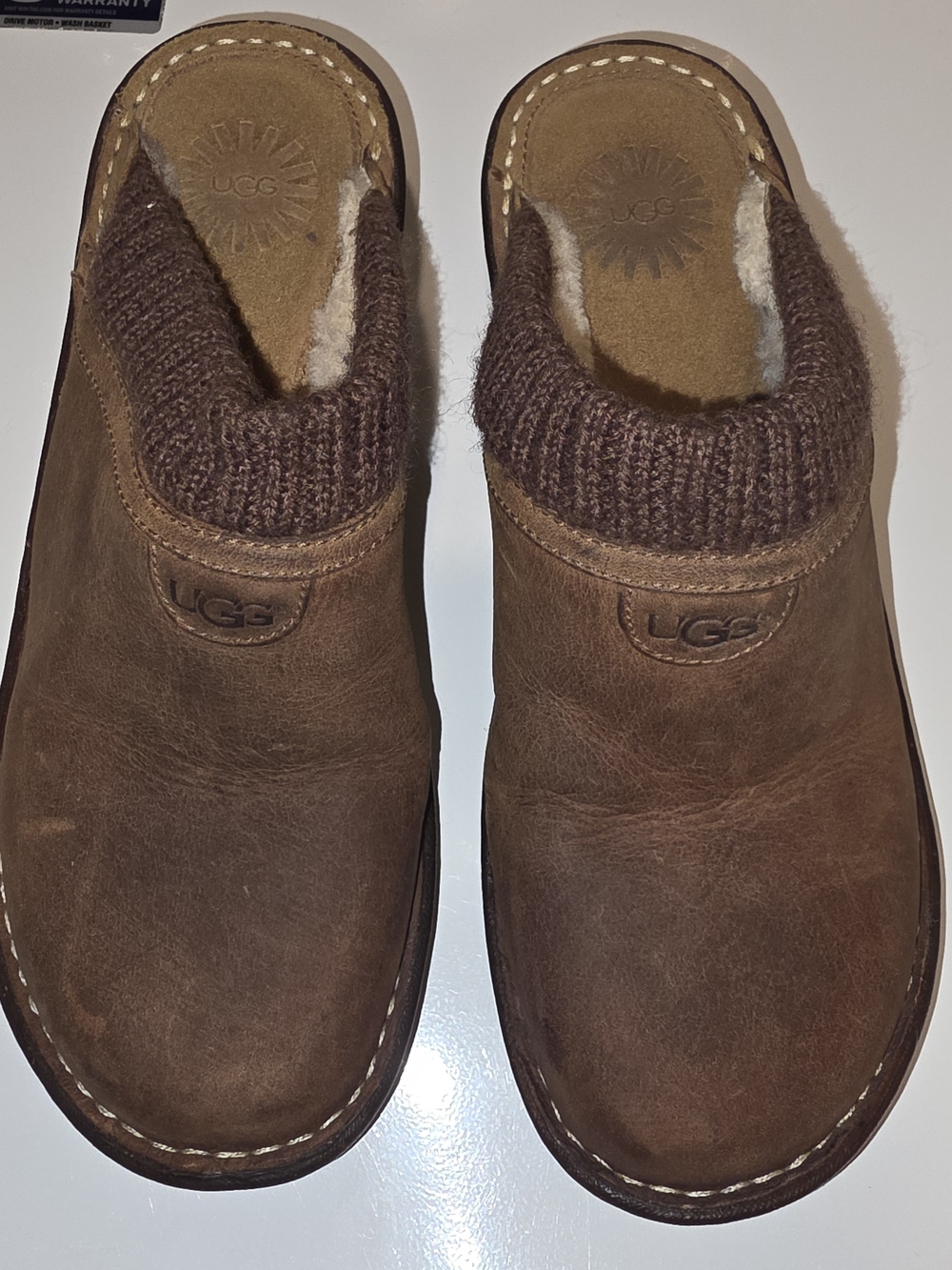 UGG Brown Leather Knit-Collar Shearling-Lined Slip-On Clogs